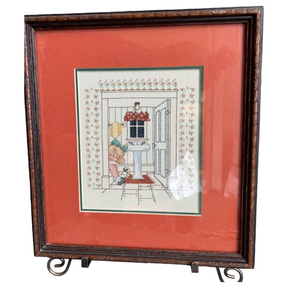 Framed Embroidery Little Girl on Toilet Double Mat Elegant & Humorous 11.25" T - Picture 8 of 14